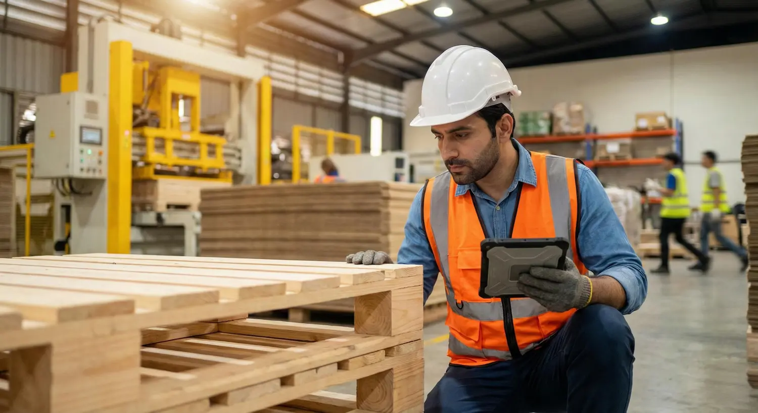 PalletsMax factory worker inspecting wooden pallets