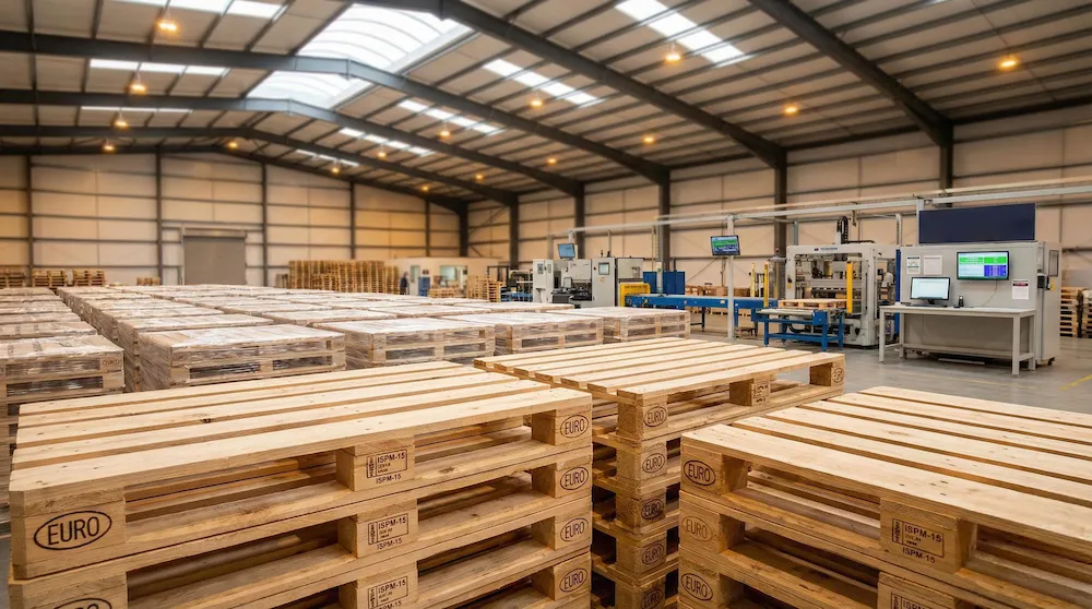 PalletsMax manufacturing facility - Modern pallet production warehouse with ISPM-15 certified pallets