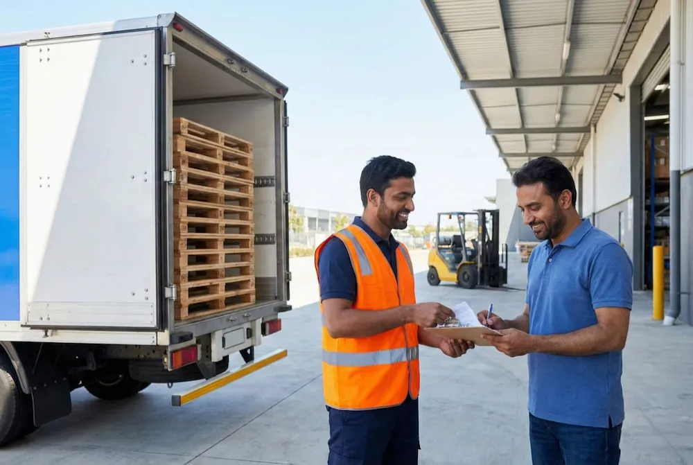 PalletsMax delivery - Driver handing over delivery receipt to satisfied customer at loading dock with wooden pallets