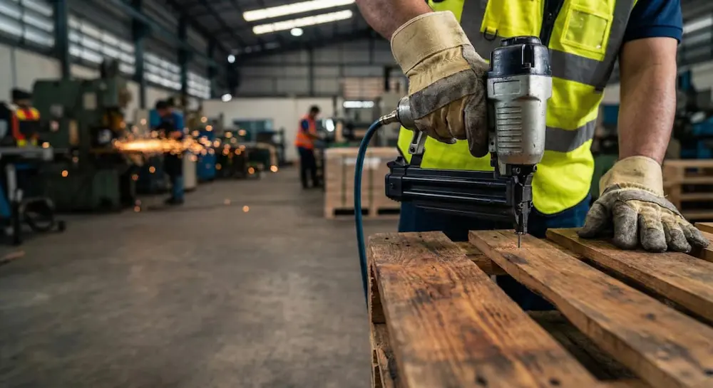 Skilled factory worker using a pneumatic nail gun to assemble a heavy-duty wooden pallet, demonstrating rugged construction and expert craftsmanship.